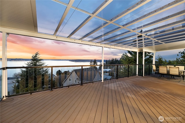 deck featuring a water view