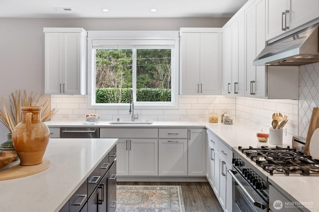 kitchen featuring visible vents, a sink, appliances with stainless steel finishes, under cabinet range hood, and backsplash