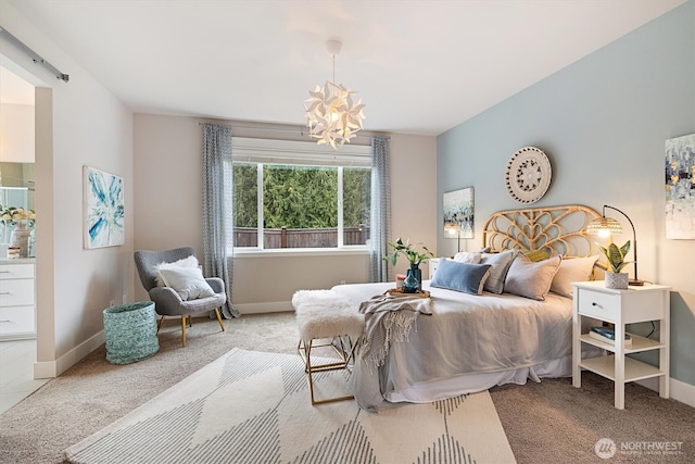 bedroom featuring carpet flooring, a notable chandelier, and baseboards