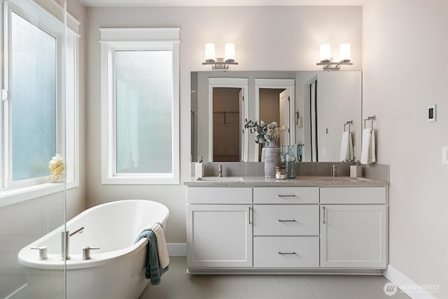 bathroom featuring a sink, a freestanding bath, baseboards, and double vanity