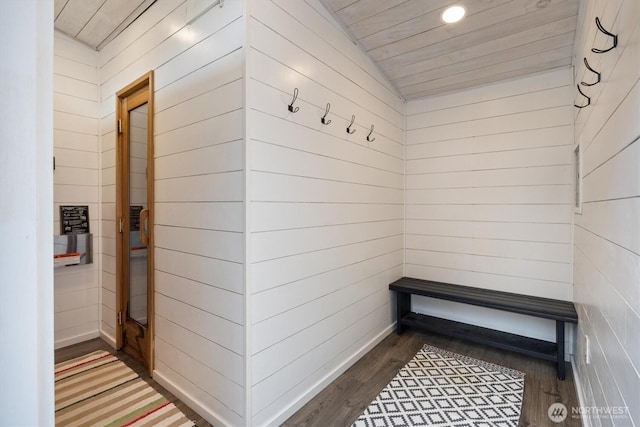 mudroom featuring wooden ceiling, recessed lighting, wood finished floors, and wood walls