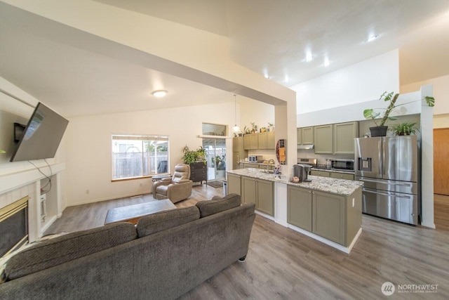 kitchen with open floor plan, stainless steel appliances, a fireplace, light wood finished floors, and light stone countertops