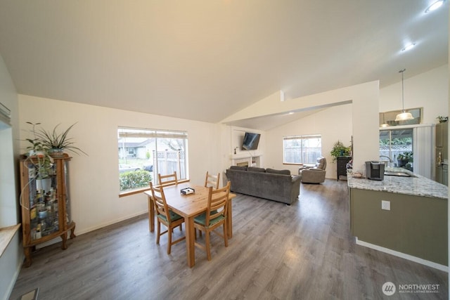 dining space with baseboards, lofted ceiling, and wood finished floors