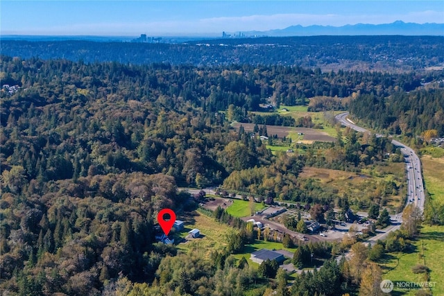 birds eye view of property with a mountain view and a forest view