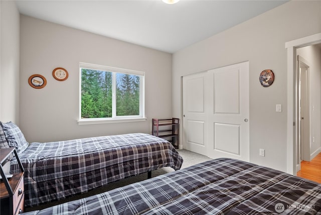 bedroom with a closet and light colored carpet