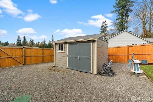 view of shed with a gate and a fenced backyard