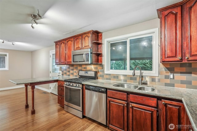 kitchen featuring tasteful backsplash, a sink, light wood-type flooring, appliances with stainless steel finishes, and open shelves