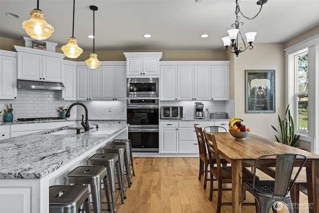 kitchen with under cabinet range hood, white cabinetry, stainless steel appliances, and a sink