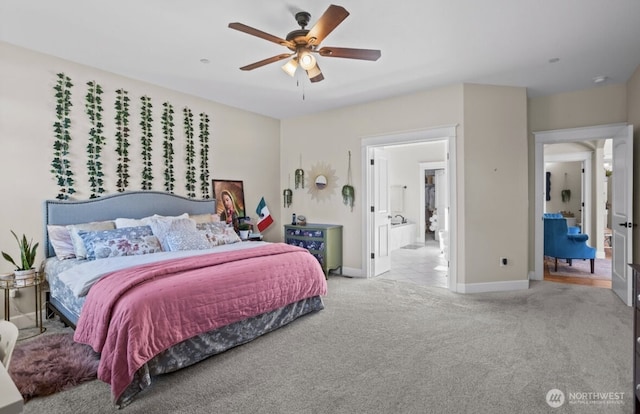 bedroom featuring baseboards, carpet, and a ceiling fan