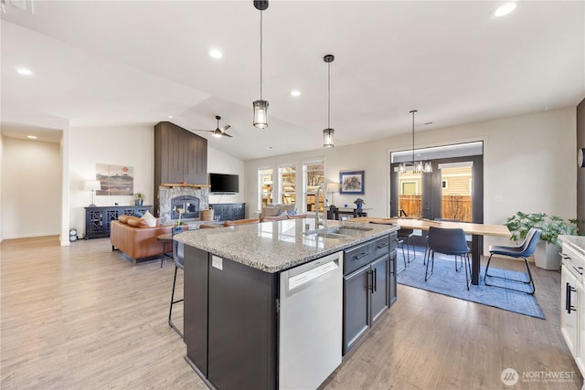 kitchen with light wood finished floors, a stone fireplace, dishwasher, and a sink