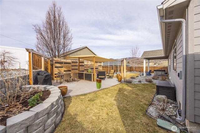 view of yard with a fenced backyard and a patio