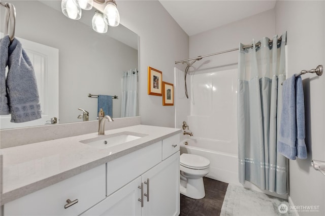 full bathroom with shower / tub combo, toilet, wood finished floors, and vanity