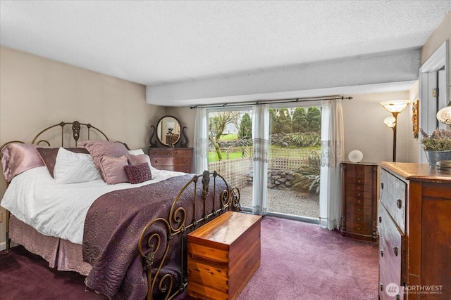 bedroom featuring carpet, access to exterior, and a textured ceiling