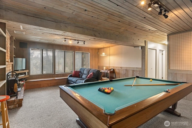 recreation room with a wainscoted wall, carpet flooring, rail lighting, and wood ceiling