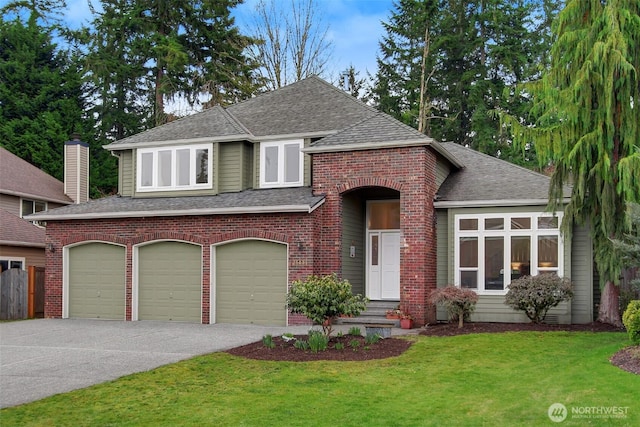 view of front facade featuring an attached garage, a shingled roof, a front lawn, concrete driveway, and brick siding