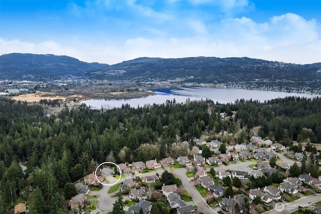 aerial view featuring a water and mountain view and a view of trees