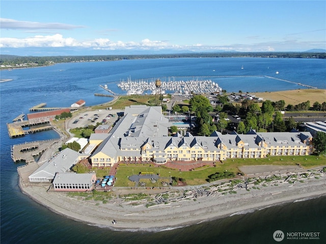 drone / aerial view featuring a water view