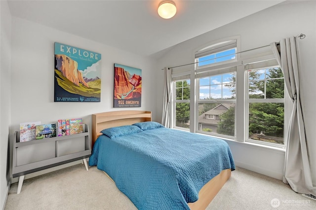 carpeted bedroom featuring baseboards and lofted ceiling