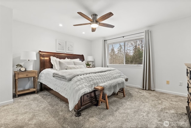 bedroom featuring recessed lighting, a ceiling fan, baseboards, and carpet floors