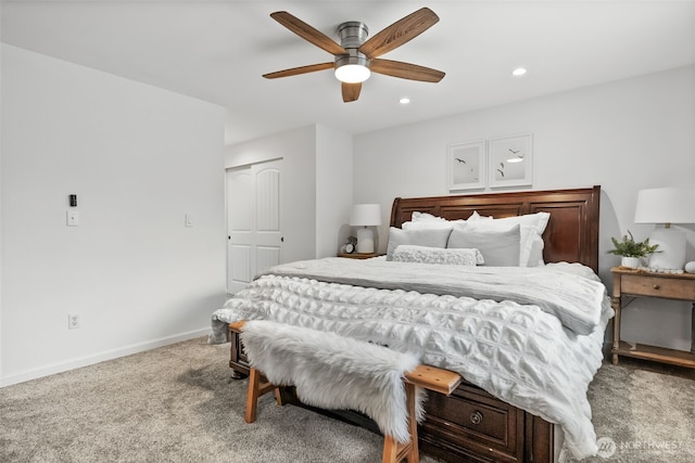 bedroom featuring a ceiling fan, recessed lighting, a closet, carpet flooring, and baseboards