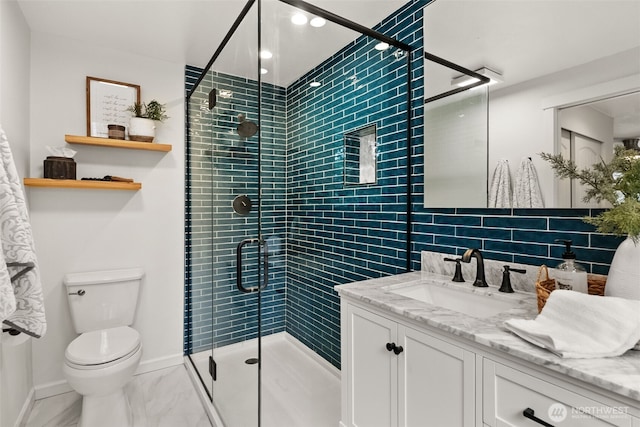 bathroom with tasteful backsplash, a shower stall, toilet, marble finish floor, and vanity