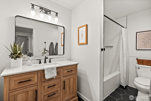 bathroom with toilet, shower / tub combo with curtain, vanity, and tile patterned flooring