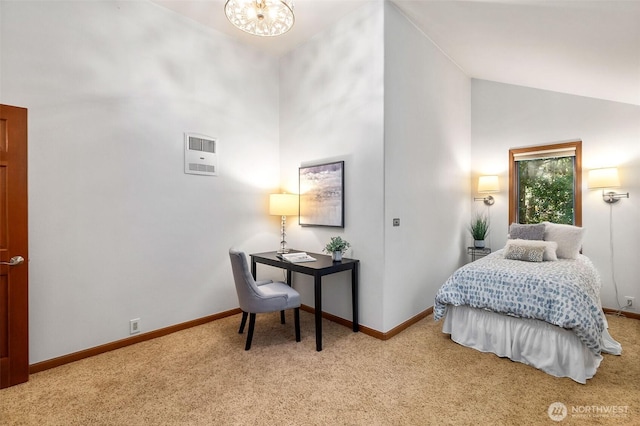 bedroom featuring baseboards, carpet floors, and vaulted ceiling