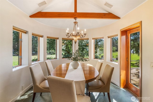 dining space with visible vents, baseboards, an inviting chandelier, and vaulted ceiling with beams