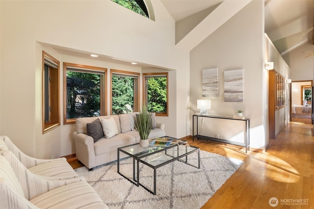 living room with a healthy amount of sunlight, wood finished floors, and a towering ceiling