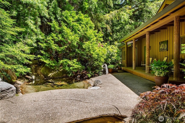 view of patio / terrace featuring a view of trees