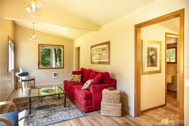 living area with heating unit, wood finished floors, baseboards, and vaulted ceiling