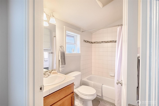 full bath featuring toilet, shower / tub combo with curtain, and vanity