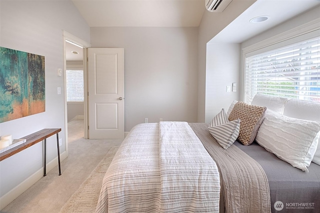 bedroom featuring light carpet, a wall mounted AC, and vaulted ceiling