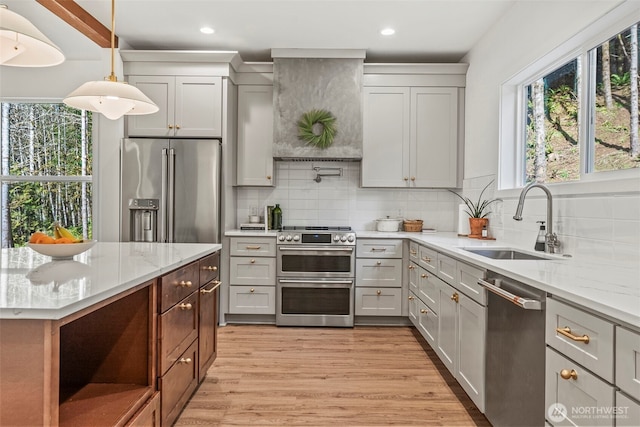 kitchen with premium range hood, light wood-style flooring, a sink, stainless steel appliances, and decorative backsplash