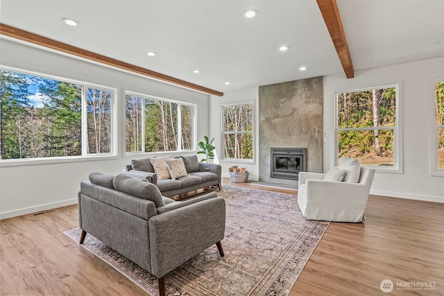 living room with beam ceiling, a healthy amount of sunlight, wood finished floors, and a fireplace