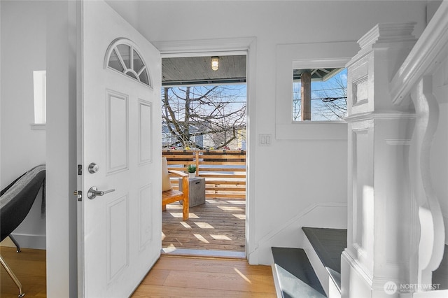 foyer entrance with plenty of natural light and light wood-style flooring