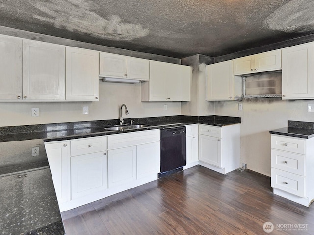 kitchen featuring a sink, black dishwasher, white cabinets, and dark wood-style flooring