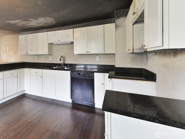 kitchen featuring white cabinets, black dishwasher, dark wood-style flooring, and a sink