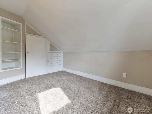 additional living space featuring baseboards, carpet, built in features, lofted ceiling, and a textured ceiling