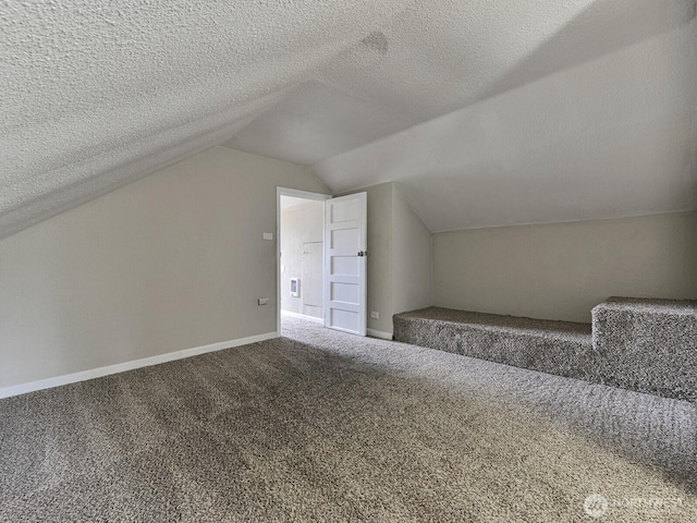 additional living space featuring carpet flooring, a textured ceiling, baseboards, and vaulted ceiling