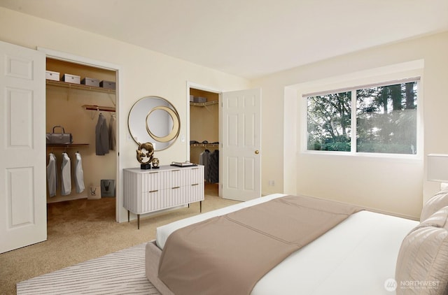 bedroom with carpet and two closets