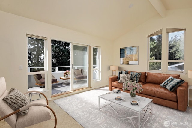 living room with carpet flooring and vaulted ceiling with beams