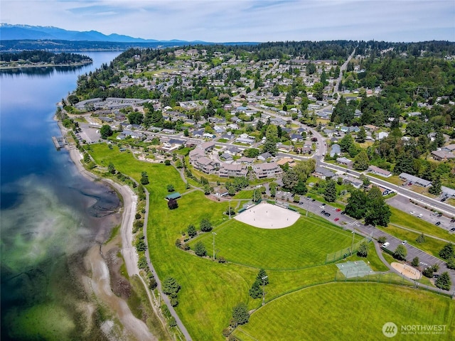 drone / aerial view with a water and mountain view