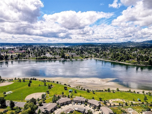 drone / aerial view featuring a water view