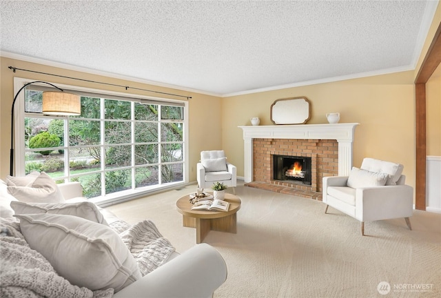 living area featuring a brick fireplace, a textured ceiling, and crown molding