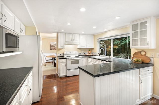 kitchen featuring stainless steel microwave, under cabinet range hood, a peninsula, electric stove, and a sink