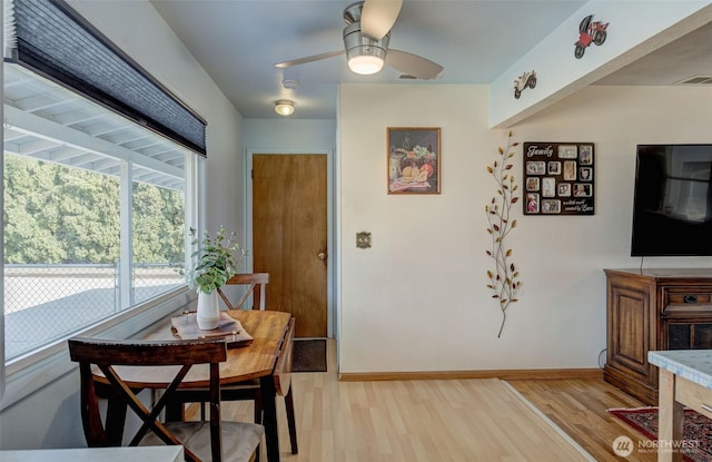 dining space with light wood-type flooring, baseboards, visible vents, and ceiling fan