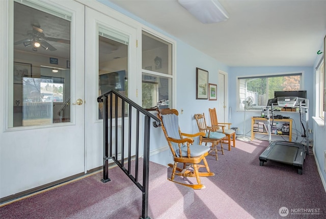 interior space featuring carpet flooring and ceiling fan