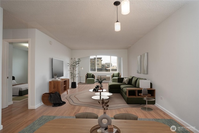 living area featuring wood finished floors, baseboards, and a textured ceiling