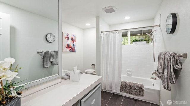 full bath with recessed lighting, shower / bathtub combination with curtain, vanity, and tile patterned flooring